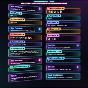May include: A digital Twitch chat overlay featuring neon-colored rectangular message boxes with rounded corners. The interface displays various user notifications, chat messages, and alerts against a dark background with glowing text.