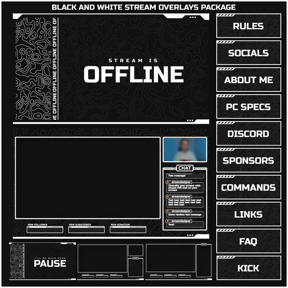 Animated DARK Stream overlays package for Twitch, Youtube, OBS, Streamlabs in topographic dark style
