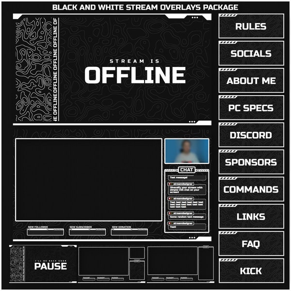 Animated DARK Stream overlays package for Twitch, Youtube, OBS, Streamlabs in topographic dark style