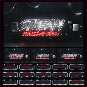May include: A neon sign with the text "STREAM STARTING SOON" in white letters with a red outline. Below the sign are three smaller neon signs with the text "OFFLINE", "PAUSE", and "STREAM" in white letters with a red outline. The signs are on a black brick wall background. There are also several white rectangular boxes with text in them, such as "NEW-FOLLOWER", "HYPE-TRAIN", "HYPE-CHAT", "HOST", "GIFTED-SUB", "DONATION", "CHEERS", "CHARITY", "BITS", "TIPS", "RESUB", "RAID", "GOAL", and "NEW-SUBSCRIBER".