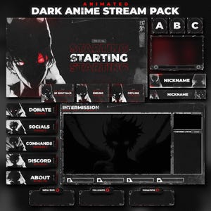 Dark ANIME STREAM OVERLAY Pack Animated / Dark Anime Twitch Pack / Animated Overlays, Transition, 17 Panels, Webcam overlay, Banners, Alerts