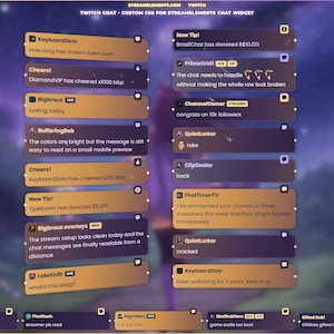 Könnte beinhalten: Ein benutzerdefiniertes Twitch-Chat-Overlay für StreamElements mit einem violetten und orangen Farbverlauf. Das Layout zeigt mehrere Chat-Nachrichtenblasen mit Benutzernamen, Abzeichen und Textinhalten, die in zwei vertikalen Spalten angeordnet sind.