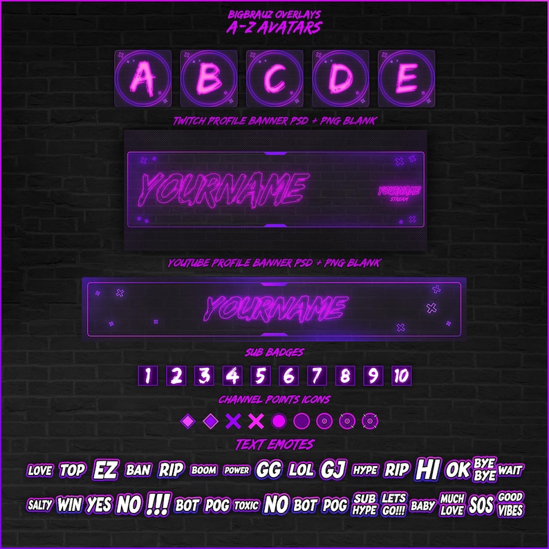 May include: A set of Twitch and YouTube overlays with a neon pink and black color scheme. The overlays include profile banners, sub badges, channel points icons, and text emotes. The text emotes include words like "love", "top", "ez", "ban", "rip", "boom", "power", "gg", "lol", "gj", "hype", "rip", "hi", "ok", "bye", "wait", "salty", "win", "yes", "no", "!!!", "bot", "pog", "toxic", "no", "bot", "pog", "sub", "lets", "hype", "go!!!", "baby", "much", "love", "sos", "vibes".