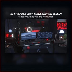 May include: A 3D rendering of a streamer room scene with a black desk, two monitors, a gaming chair, and a microphone. The monitors display a loading screen and a grid pattern. The desk has a red light strip and a keyboard. The room is decorated with red and black accents. The text "LOADING" and "SUBSCIRIS" is visible on the monitors.