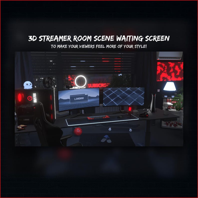 May include: A 3D rendering of a streamer room scene with a black desk, two monitors, a gaming chair, and a microphone. The monitors display a loading screen and a grid pattern. The desk has a red light strip and a keyboard. The room is decorated with red and black accents. The text "LOADING" and "SUBSCIRIS" is visible on the monitors.