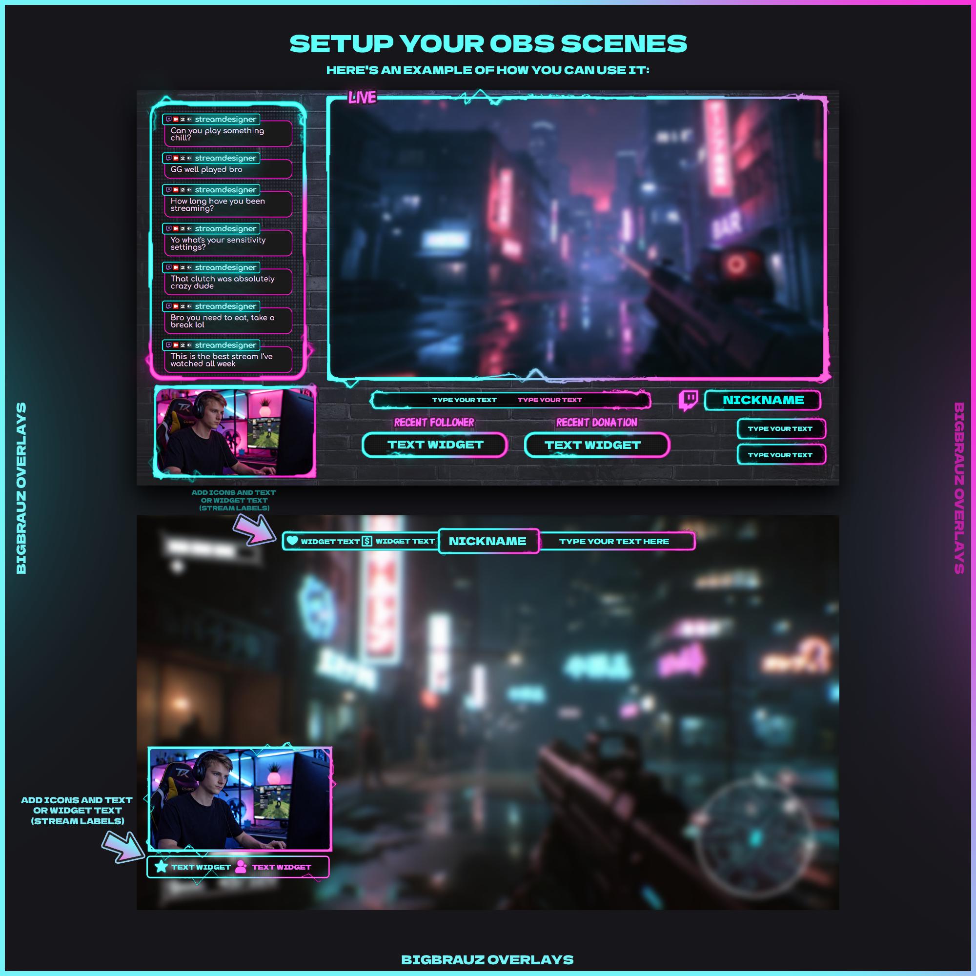 Animated Dark Neon Stream Overlays Package (twitch, Youtube, Kick ...