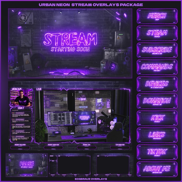 Animated Purple Neon Stream Overlays Package (Twitch, Youtube, Kick, Tiktok)