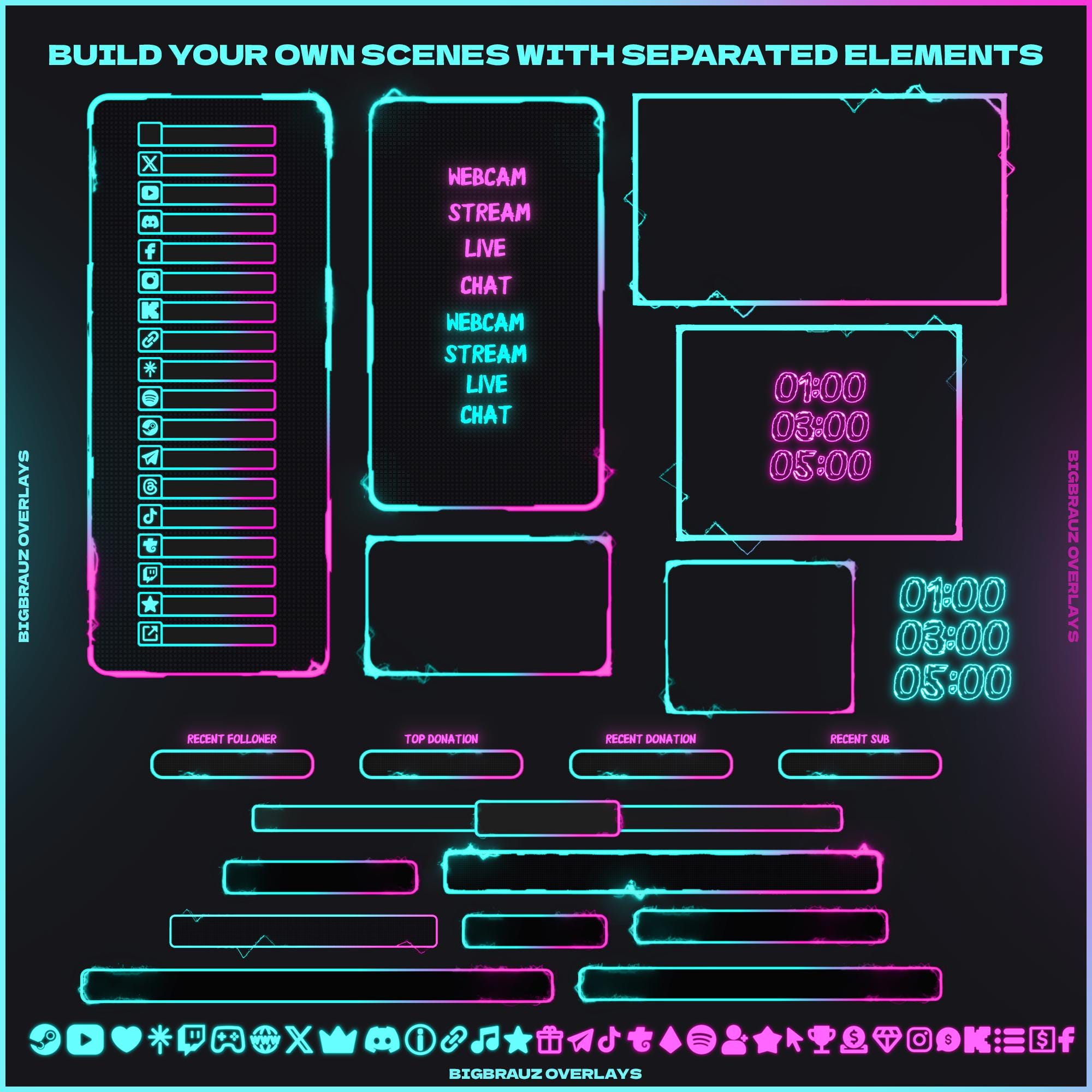 Animated Dark Neon Stream Overlays Package (twitch, Youtube, Kick ...