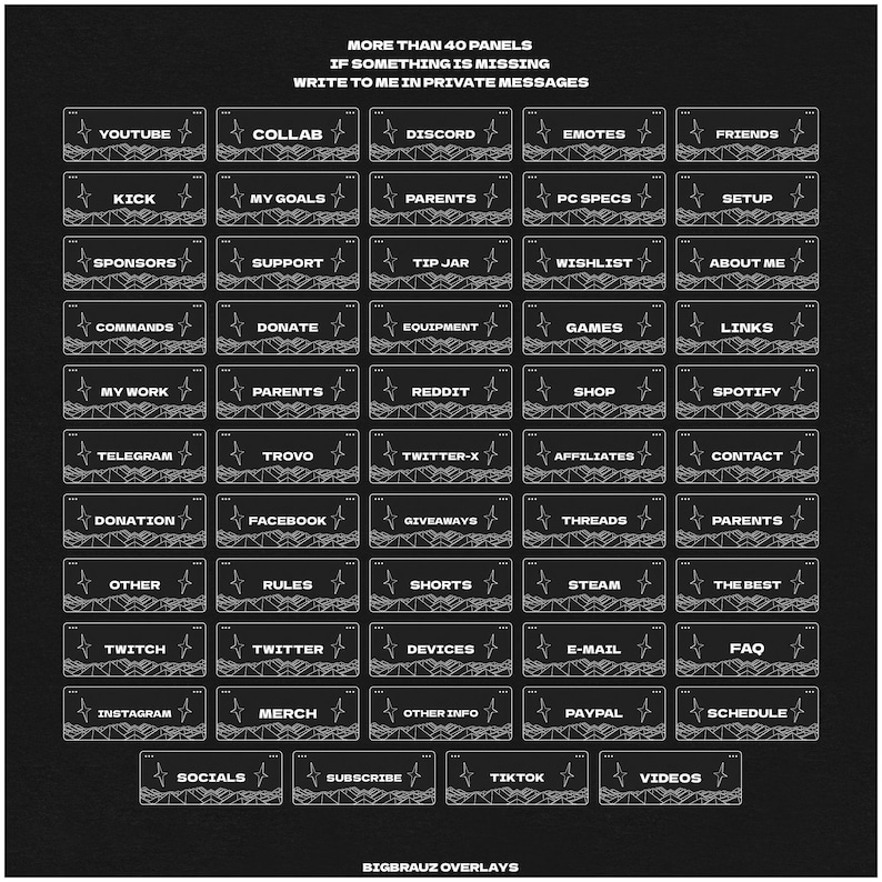 May include: A black graphic featuring white text and icons for online platforms. The design includes labels such as YouTube, Twitch, and Discord, and the text "MORE THAN 40 PANELS". It's a design for content creators.