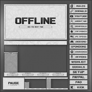 Pacote de sobreposições de fluxo BRANCO animado para Twitch, Youtube, OBS, Streamlabs em estilo topográfico