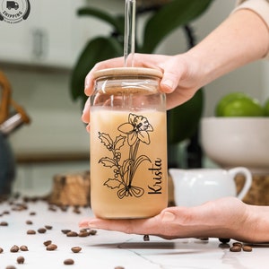 Personalized Iced Coffee Cup 16oz Glass Cup, Custom Beer Can Glass with Lid and Straw, Bridesmaid Proposal Gift Glass can coffee cup,Tumbler
