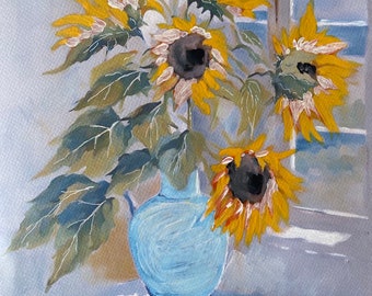 Yellow Sunflowers In Blue Vase. Acrylic Painting.