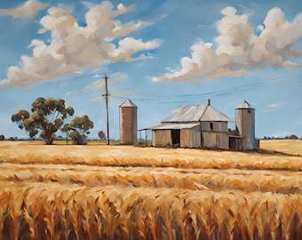 Australian Landscape Acrylic  Painting - Wheat fields With Old Farmhouse.