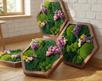 Arte mural de musgo con flores secas en marco de madera, Moosbild kaufen
