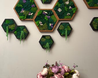 Arte de pared de musgo hexagonal con flores y amaranto, sin mantenimiento