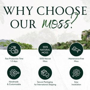 May include: An informational graphic titled WHY CHOOSE OUR MOSS? featuring six circular icons with white line art. The icons represent fast production, 100% natural moss, maintenance-free moss, handmade and customizable, secure packaging, and easy installation.