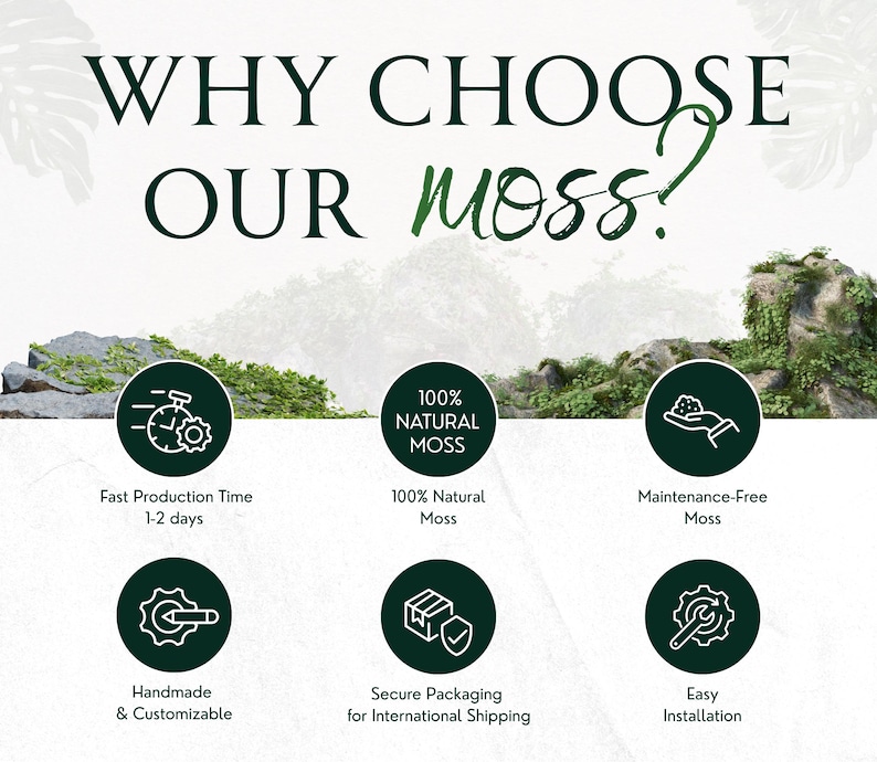 May include: An informational graphic titled WHY CHOOSE OUR MOSS? featuring six circular icons with white line art. The icons represent fast production, 100% natural moss, maintenance-free moss, handmade and customizable, secure packaging, and easy installation.
