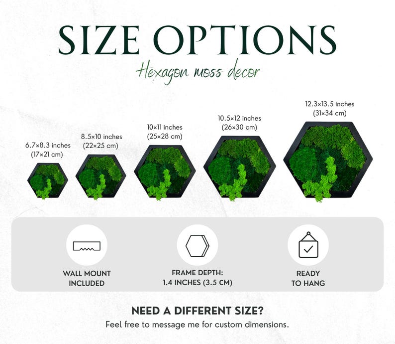 May include: Five hexagon moss decor pieces with black frames in sizes ranging from 6.7x8.3 inches to 12.3x13.5 inches. Includes icons for wall mount, 1.4 inches frame depth, and ready to hang status. Text reads SIZE OPTIONS and Hexagon moss decor.