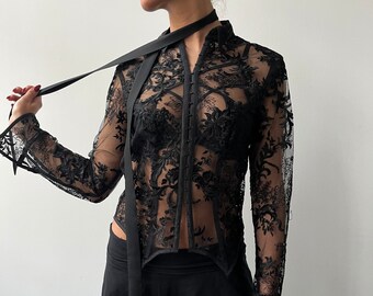 Black Floral Embroidered Lace Blouse + FREE Skinny Scarf, Sheer slim fit Top, waisted with bias binding