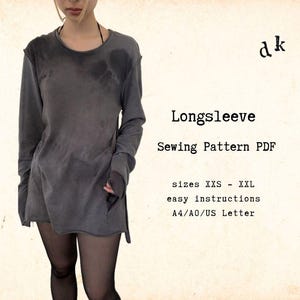 May include: A gray long-sleeve shirt with a distressed look. The image includes the text "Longsleeve Sewing Pattern PDF" and size options from XXS to XXL. The design features a round neck and long sleeves.