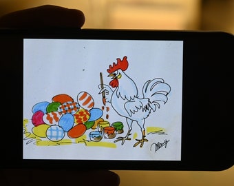 Easter Rooster coloring eggs Ecard JW25E