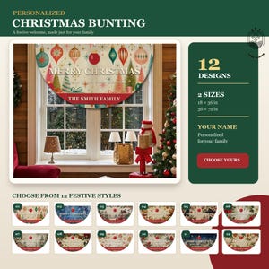Könnte beinhalten: Ein halbkreisförmiges, personalisiertes Weihnachtsbanner mit einem festlichen Ornament- und Baummuster sowie dem Text Merry Christmas und The Smith Family. Erhältlich in 12 Designs und zwei Größen, 45,7 x 91,4 cm und 91,4 x 182,9 cm.