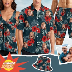 Aangepaste badpakset met foto/tekst-verjaardagsfeestje-cadeau vrijgezellenfeestje-cadeau voor vader/zus- Hawaiiaans shirt- emmerhoed- herenshort-familie