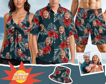 Custom swimsuit set with photo/text-birthday party gift-bachelor party gift-gift for dad/sister-Hawaiian shirt-bucket hat-mens short-family