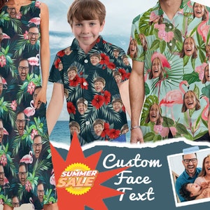 May include: A family of three wearing custom face shirts with a tropical print. The shirts feature a variety of pink flamingos, green leaves, and flowers. The text "Custom Face Text" is displayed on a red banner. The text "Summer Sale" is displayed on a yellow banner with a red border.