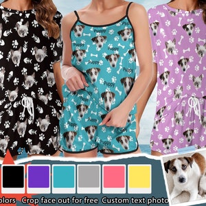 May include: A set of pajamas featuring a custom photo of a dog or cat. The pajamas are available in a variety of colors, including black, purple, teal, gray, pink, and yellow. The pajamas are made of a soft, comfortable fabric and are perfect for lounging around the house.