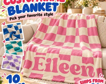 Personalized Checkered Name Blanket, Custom Retro Checkerboard Throw Blanket, Soft Plush Fleece Blanket, Custom Name Gift for Kids Girls