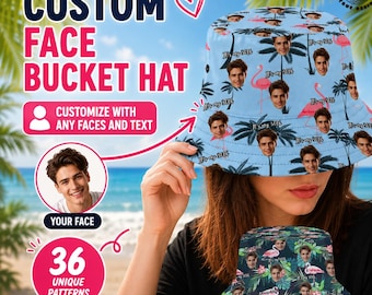 Personalized Hawaiian Photo Hat,Face Print Hat,Beach Hat,Custom Gift,Team Bucket Hat,Custom text logo Bucket hat,Gift For Dad Mom,Party Hats