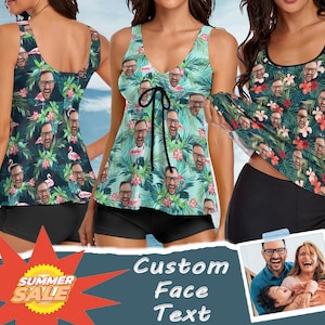 May include: Three tankini swimsuits with a custom face print on a tropical floral background. The swimsuits feature a variety of styles, including a tank top with a scoop neck and a tankini top with a tie. The swimsuits are paired with black shorts. The image also includes the text "Summer Sale".