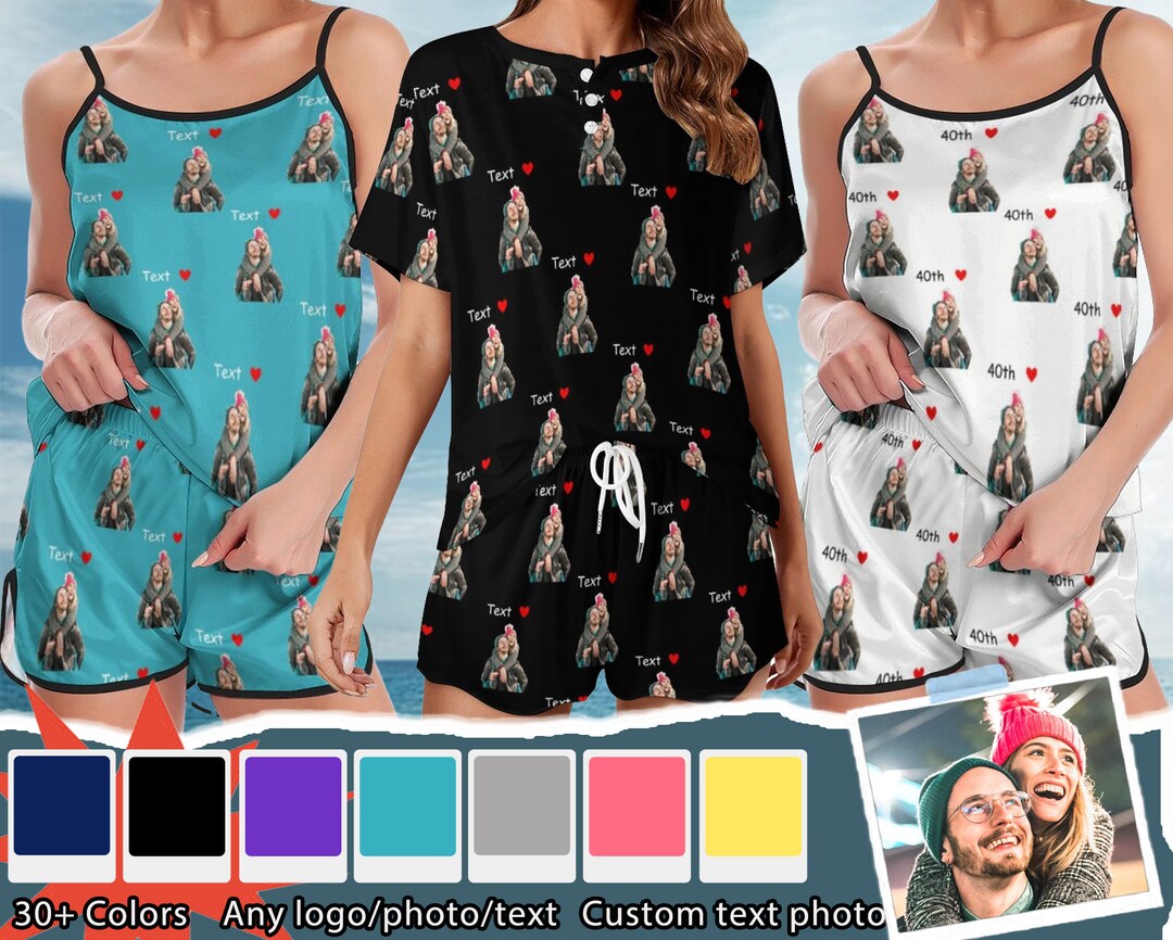 Pyjamas Fancy Text Custom Women Pajamas Set With Photo/text/red Heart-birthday Party Gift ...