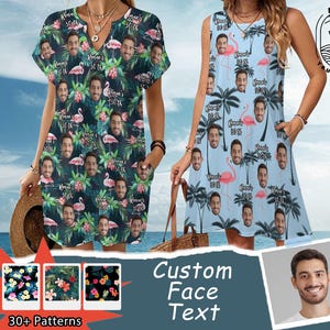 May include: Two sleeveless dresses featuring a custom pattern of a man's face, pink flamingos, and tropical foliage. One dress has a dark green background, while the other has a light blue background with palm trees. Both include the text Renee's 30th.