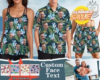Custom swimsuit set with photo/text-birthday party gift-bachelor party gift-gift for dad/sister-Hawaiian shirt-bucket hat-mens short-family