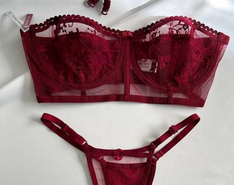 Floral Burgundy Transparent  Bustier Bra Set - Bustier Bra Set with Removable Straps