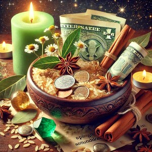 May include: A brown bowl filled with rice, coins, cinnamon sticks, and star anise. The bowl is surrounded by green leaves, a green candle, and a dollar bill. The background is a dark blue with stars.
