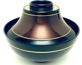240412-0043 | Antique Soup Bowl| Lacquerware | Japanese Tableware | Wajima - Nuri | Longevity bowl, brown, silver and gold lines | No30
