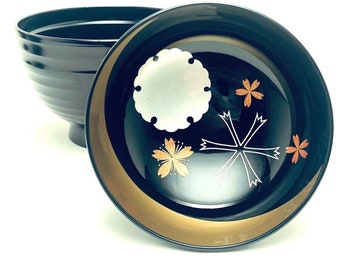 240411-0028 | Antique Soup Bowl| Lacquerware | Japanese Tableware | Wajima - Nuri| Plain black tame-nuri black | moon and flower pattern
