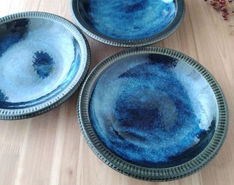 Assiettes Minoyaki japonaises | Assiettes en poterie | Bleu foncé | Plat creux | Jeu de 3 | 240509-0145