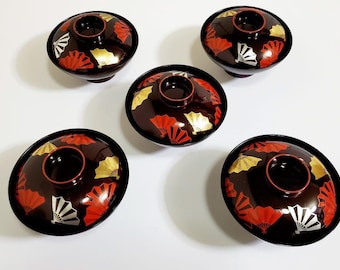 Antique Soup Bowl|  Set of 5 unused lacquer soup bowls with lids | Japanese Tableware | AIZU - Nuri | 240417-0057
