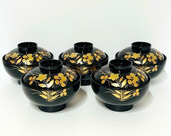 Antique Soup Bowl|  Set of 5 unused lacquer soup bowls with lids | Japanese Tableware | AIZU - Nuri | 240417-0055