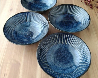 Assiettes Minoyaki japonaises | Assiettes en poterie | Bleu foncé | Plat creux | Lot de 4 | 240509-0146
