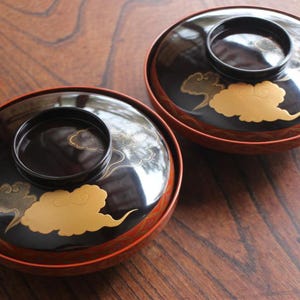 Antique Japanese Wajima lacquer bowl set gold silver cloud & shippo maki-e crane motif vintage soup bowls