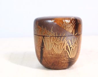 Japanese antique Yamanaka lacquerware – Sakata Mine俊 black persimmon natsume, Yatsuhashi maki-e, tea caddy, tea ceremony, chaki, vintage