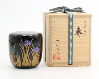Japanese antique natsume Yatsuhashi maki-e tea caddy by Okutsu Isshinsai with blue shell inlay original box tea ceremony