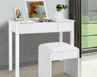 2-Piece White Vanity Dressing Table Set Mirrored Bedroom Furniture With Stool and Storage Box