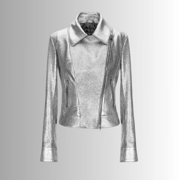 Silver Metallic Leather Jacket Women, Vintage Motorcycle Style Leather Racer Jacket Women, Best Metallic Jacket Gift For Women