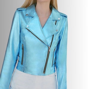 Metallic Leather Jacket Women, Blue Leather Motorcycle Jacket, Lightweight Fashion Jacket For Outerwear 2024, Best Gift For Her, Wife Gift